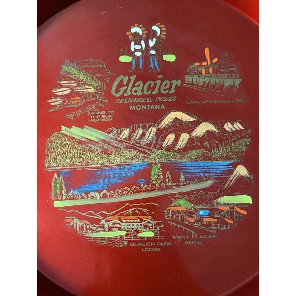 Vintage Glacier National Park Montana Red Metal Souvenir Tray Going to Sun Road